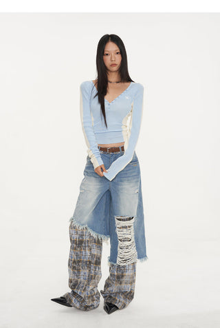 [NAWS] Plaid Stitching Wide Leg Jeans