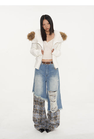 [NAWS] Plaid Stitching Wide Leg Jeans