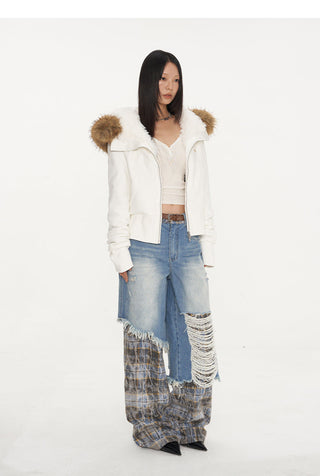 [NAWS] Plaid Stitching Wide Leg Jeans