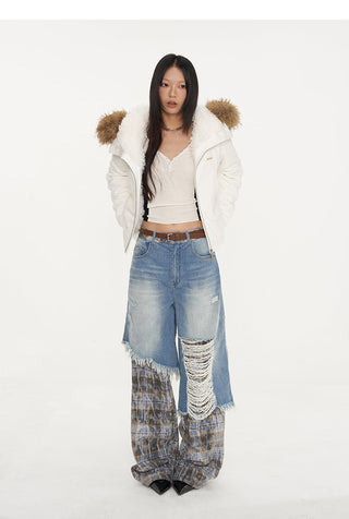 [NAWS] Plaid Stitching Wide Leg Jeans