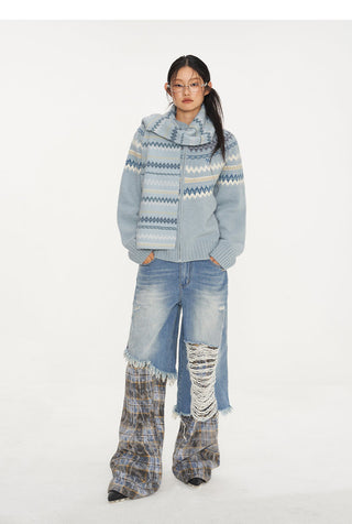 [NAWS] Plaid Stitching Wide Leg Jeans