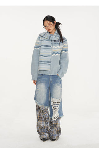 [NAWS] Plaid Stitching Wide Leg Jeans