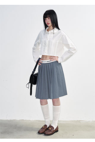 [NS76] SS Short Navel Lace Stitching Pleated Shirt