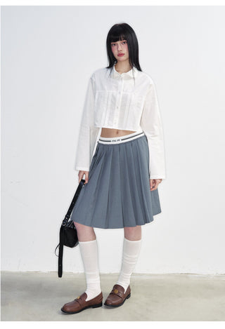 [NS76] SS Short Navel Lace Stitching Pleated Shirt