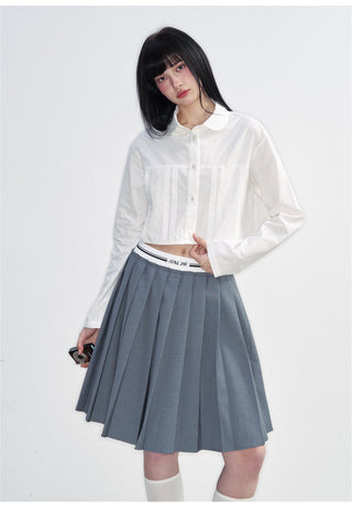 [NS76] SS Short Navel Lace Stitching Pleated Shirt