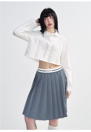 [NS76] SS Short Navel Lace Stitching Pleated Shirt