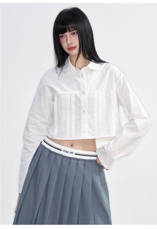 [NS76] SS Short Navel Lace Stitching Pleated Shirt