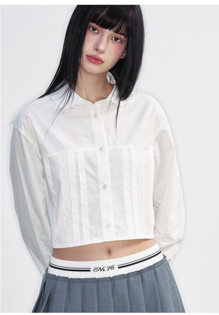 [NS76] SS Short Navel Lace Stitching Pleated Shirt