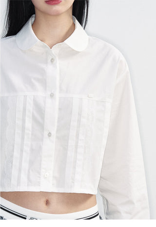 [NS76] SS Short Navel Lace Stitching Pleated Shirt