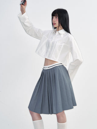 [NS76] SS Short Navel Lace Stitching Pleated Shirt