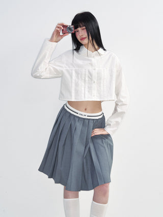 [NS76] SS Short Navel Lace Stitching Pleated Shirt