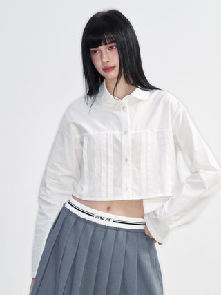 [NS76] SS Short Navel Lace Stitching Pleated Shirt