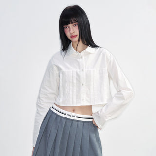 [NS76] SS Short Navel Lace Stitching Pleated Shirt