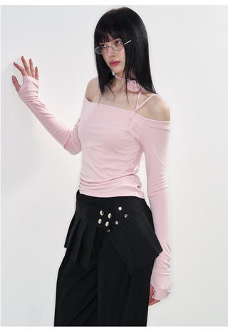 [NS76] SS Flower Lace-Up Boat Neck Off-Shoulder Top