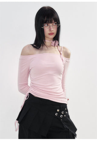 [NS76] SS Flower Lace-Up Boat Neck Off-Shoulder Top