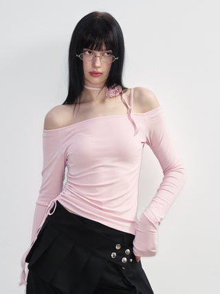 [NS76] SS Flower Lace-Up Boat Neck Off-Shoulder Top