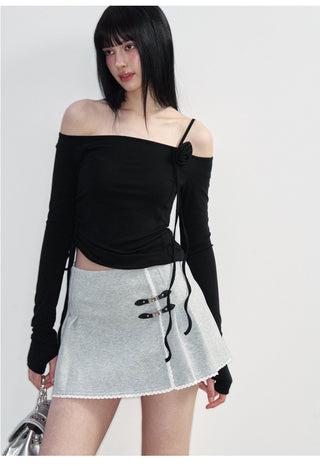 [NS76] SS Flower Lace-Up Boat Neck Off-Shoulder Top