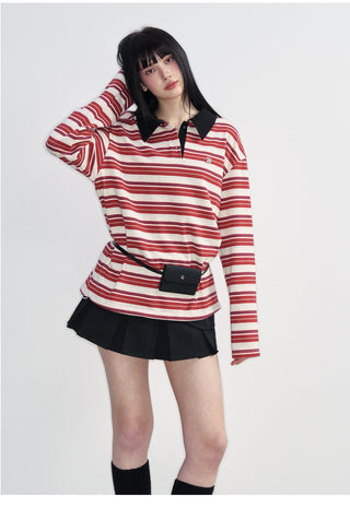 [NS76] SS Preppy Style Polo Collar Striped Long Sleeve T-Shirt