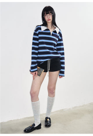 [NS76] SS Preppy Style Polo Collar Striped Long Sleeve T-Shirt