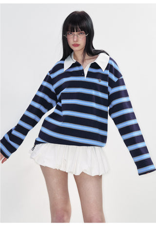 [NS76] SS Preppy Style Polo Collar Striped Long Sleeve T-Shirt