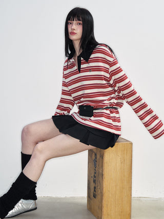 [NS76] SS Preppy Style Polo Collar Striped Long Sleeve T-Shirt