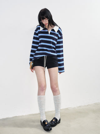 [NS76] SS Preppy Style Polo Collar Striped Long Sleeve T-Shirt