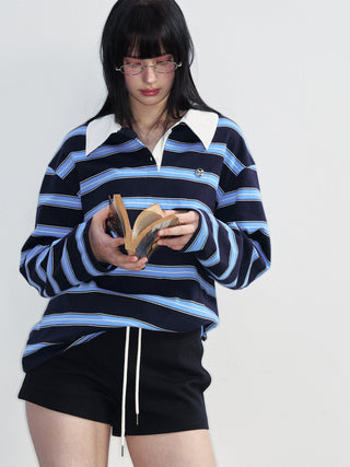 [NS76] SS Preppy Style Polo Collar Striped Long Sleeve T-Shirt