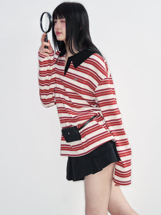 [NS76] SS Preppy Style Polo Collar Striped Long Sleeve T-Shirt