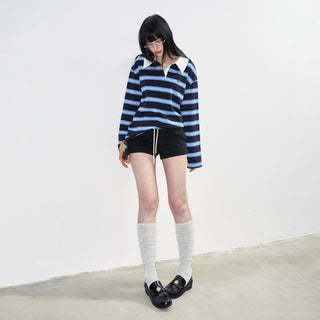 [NS76] SS Preppy Style Polo Collar Striped Long Sleeve T-Shirt