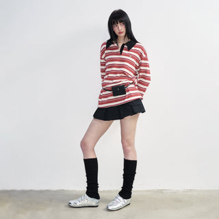 [NS76] SS Preppy Style Polo Collar Striped Long Sleeve T-Shirt