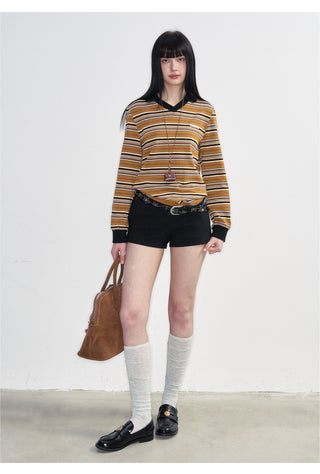 [NS76] SS Retro Contrast Striped Polo Collar Long Sleeve Top