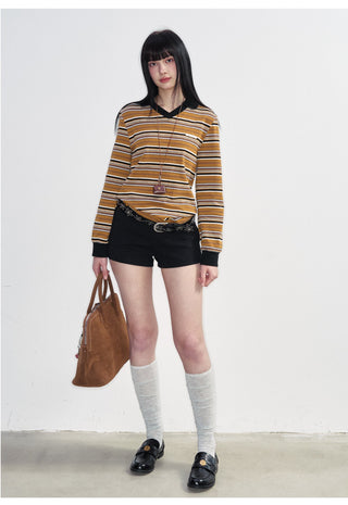 [NS76] SS Retro Contrast Striped Polo Collar Long Sleeve Top