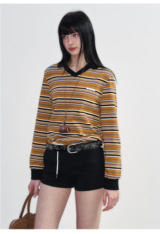 [NS76] SS Retro Contrast Striped Polo Collar Long Sleeve Top