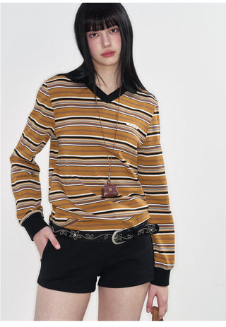 [NS76] SS Retro Contrast Striped Polo Collar Long Sleeve Top