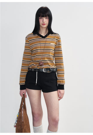 [NS76] SS Retro Contrast Striped Polo Collar Long Sleeve Top