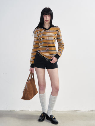 [NS76] SS Retro Contrast Striped Polo Collar Long Sleeve Top