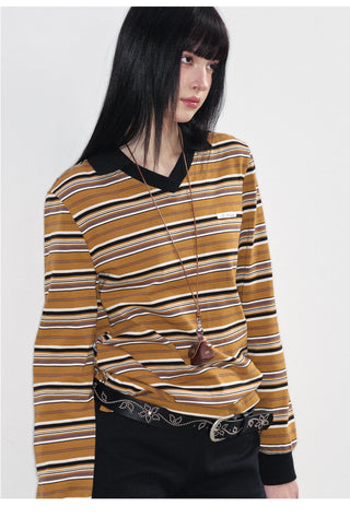 [NS76] SS Retro Contrast Striped Polo Collar Long Sleeve Top