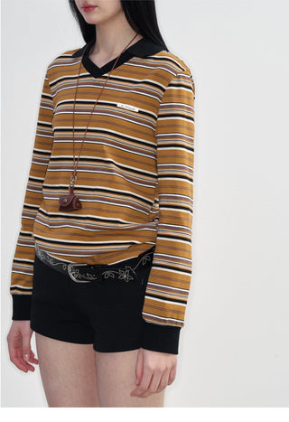 [NS76] SS Retro Contrast Striped Polo Collar Long Sleeve Top