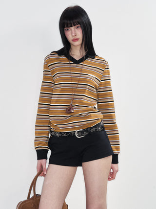 [NS76] SS Retro Contrast Striped Polo Collar Long Sleeve Top