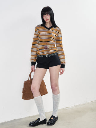 [NS76] SS Retro Contrast Striped Polo Collar Long Sleeve Top