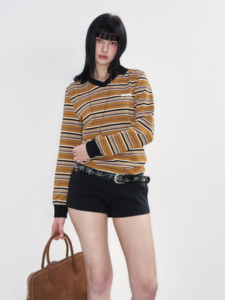 [NS76] SS Retro Contrast Striped Polo Collar Long Sleeve Top