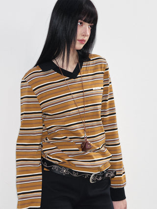 [NS76] SS Retro Contrast Striped Polo Collar Long Sleeve Top