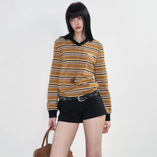 [NS76] SS Retro Contrast Striped Polo Collar Long Sleeve Top