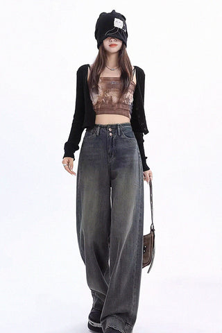 retro raw edge loose drape jeans