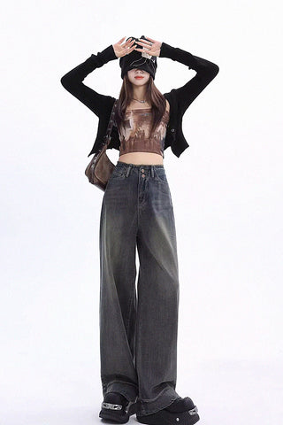 retro raw edge loose drape jeans