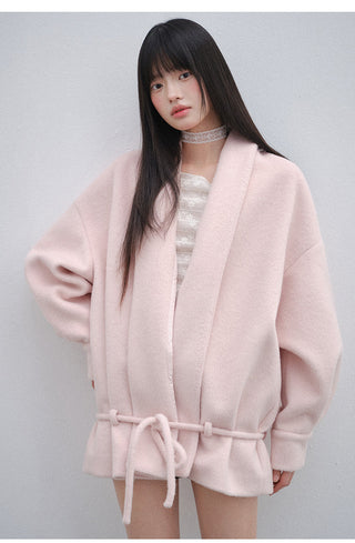 [OTR] Pink V-Neck Lace-Up Woolen Coat