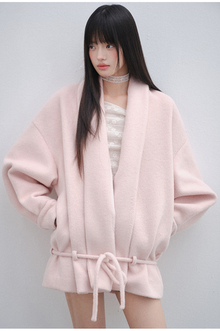 [OTR] Pink V-Neck Lace-Up Woolen Coat