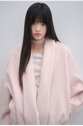 [OTR] Pink V-Neck Lace-Up Woolen Coat