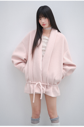 [OTR] Pink V-Neck Lace-Up Woolen Coat