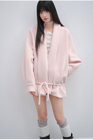 [OTR] Pink V-Neck Lace-Up Woolen Coat